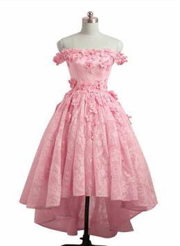 Picture of Lovely Lace Off Shoulder Pink Homecoming Dresses, High Low Formal Dresses